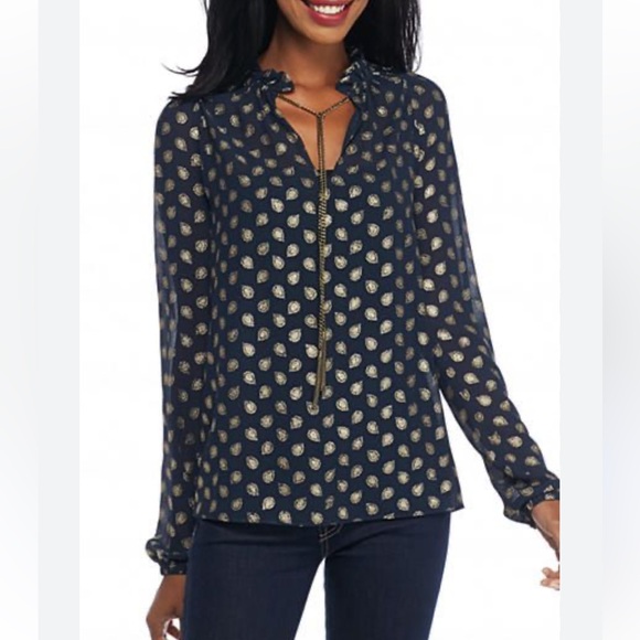Michael Kors Bergalia Raglan Blouse Foiled Print Chain Tassels‎ Size M NEW - Picture 1 of 14